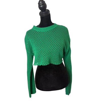 Green Open Knit Cropped Fishnet Sweater Size L See Through Layering Festival