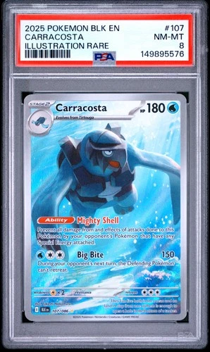 2025 POKEMON BLK EN-BLACK BOLT ILLUSTRATION RARE #107 CARRACOSTA PSA 8