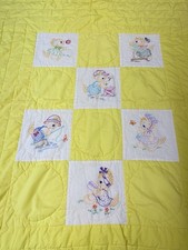 Vintage Handmade Kitty Cat Playing Embroidered Quilt Yellow Kids Crib Blanket