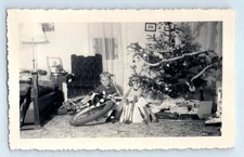 Old Vintage Photo SOLO BOY CHRISTMAS TREE PRESENTS BICYCLE MODEL TRAIN SET