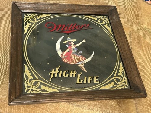 Vintage Miller High Life - Girl Witch on the Moon - Beer Mirror Bar Sign 19"x19"