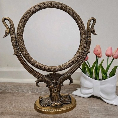 Bombay Co Brass Swan Vanity Mirror Hollywood Regency Tabletop Swivel Vintage