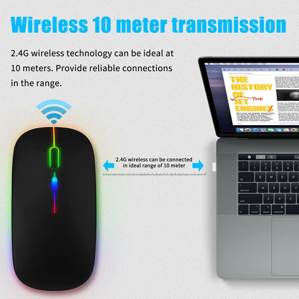 2.4GHz Wireless Optical Mouse USB Rechargeable RGB Cordless Mice For PC Laptop - Image 3 of 4