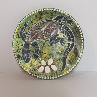 Hand Painted Australian Aboriginal Terracotta Pottery Plate Lizard 6 Inches