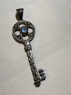 Samuel Benham ''BJC'' Sterling Silver & 18K Gold Aqua Blue Topaz Key Pendant 2 