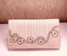 Beaded Satin Blush Pink Formal Evening Bag Clutch Purse Pearls with Strap MINT