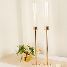 GOLD 2 Metal 24" Hurricane Taper CANDLE HOLDERS Clear Cylinder Glass Shades