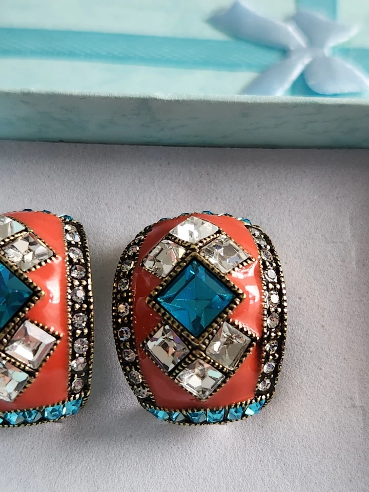 Heidi Daus Art Deco Master Pierced Clasp 1/2 Hoop Earrings Swarovski And Enamel - Image 3 of 4