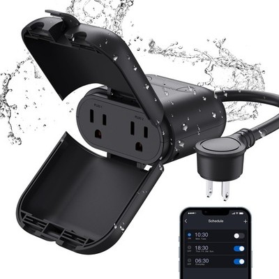 PQR20 Outdoor Smart Plug Waterproof IP66, WiFi Plug with 2 Individually Socke...