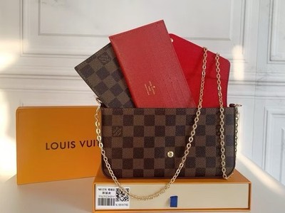 Louis Vuitton Damier Ebene Shoulder Bag w/ Chain Strap Pouch Brown Red Gold HW