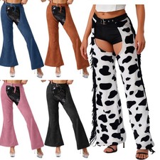 Womens Western Cowgirl Chaps Pants Hollow Out Wide Leg Pants Halloween Cosplay