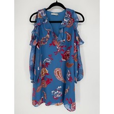 ALICE + OLIVIA GIOVANNA COLD SHOULDER COCKTAIL DRESS BLUE FLORAL PAISLEY SILK XS