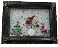 Handcrafted jewelry picture snowwoman scene.  Upcycled art  unique