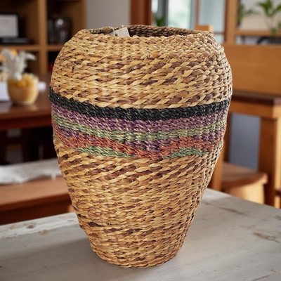 Vintage Pier 1 Imports Handwoven Basket with Colorful Bands 11'' Tall Philippines