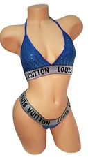 SALE!Exotic Dancer Stripper Sexy  Royal Blue Glitter Elastic Bikini Dancewear
