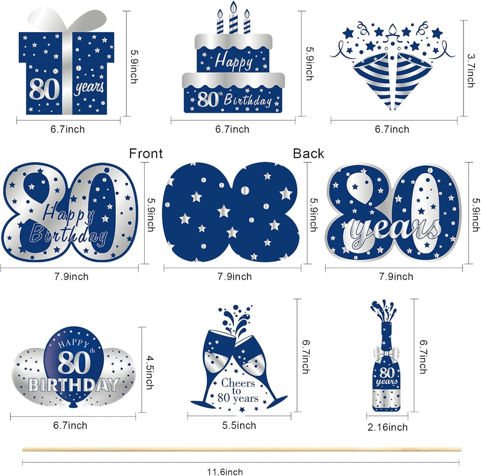 24 Piezas Decoraciones de Cumpleaños 80 para Hombre, Azul Plata 80 Años Bi Foto 2 de 4