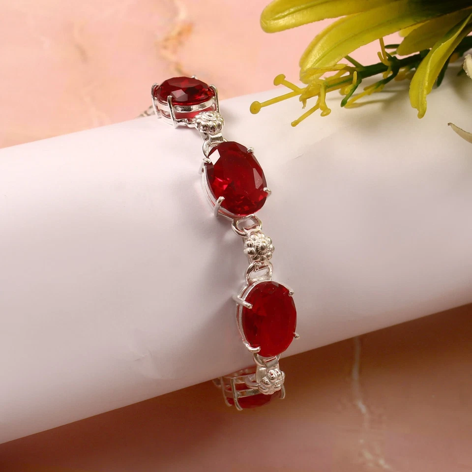 Pulseira ajustável folheada a prata pedra preciosa quartzo granada vermelha 7-9" - Imagem 3 de 3