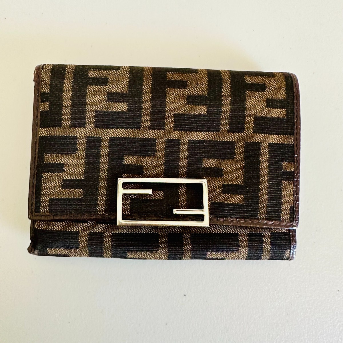 AUTHENTIC FENDI ZUCCA CANVAS PRINT FF TRIFOLD WALLET 07-15990-002