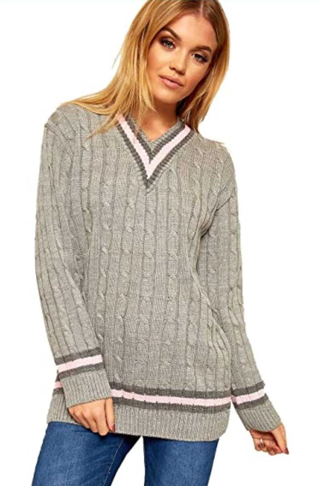 Womens Cricket Jumper Ladies Pullover Cable Knitted V Neck Long Stretch Top UK - Image 4 of 4