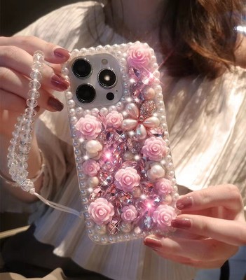 Glitter Diamond Rose Luxury Flash Phone Cover Women +Chain For Huawei Honor Case