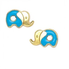 Children/Babies Cute 14K Yellow Gold White Topaz Elephant Enamel Stud Earrings