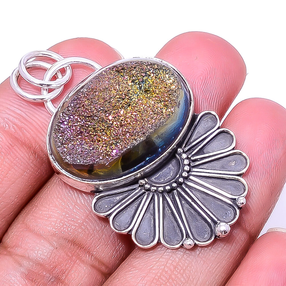 Peacock Titanium Agate Drusy Oxidised 925 Sterling Silver Pendant 1.76