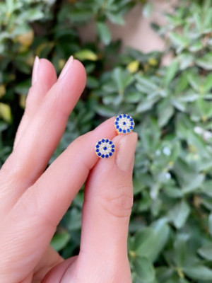 Evil Eye Stud Earrings in Sterling Silver Minimalist Protection Jewelry Gift Her
