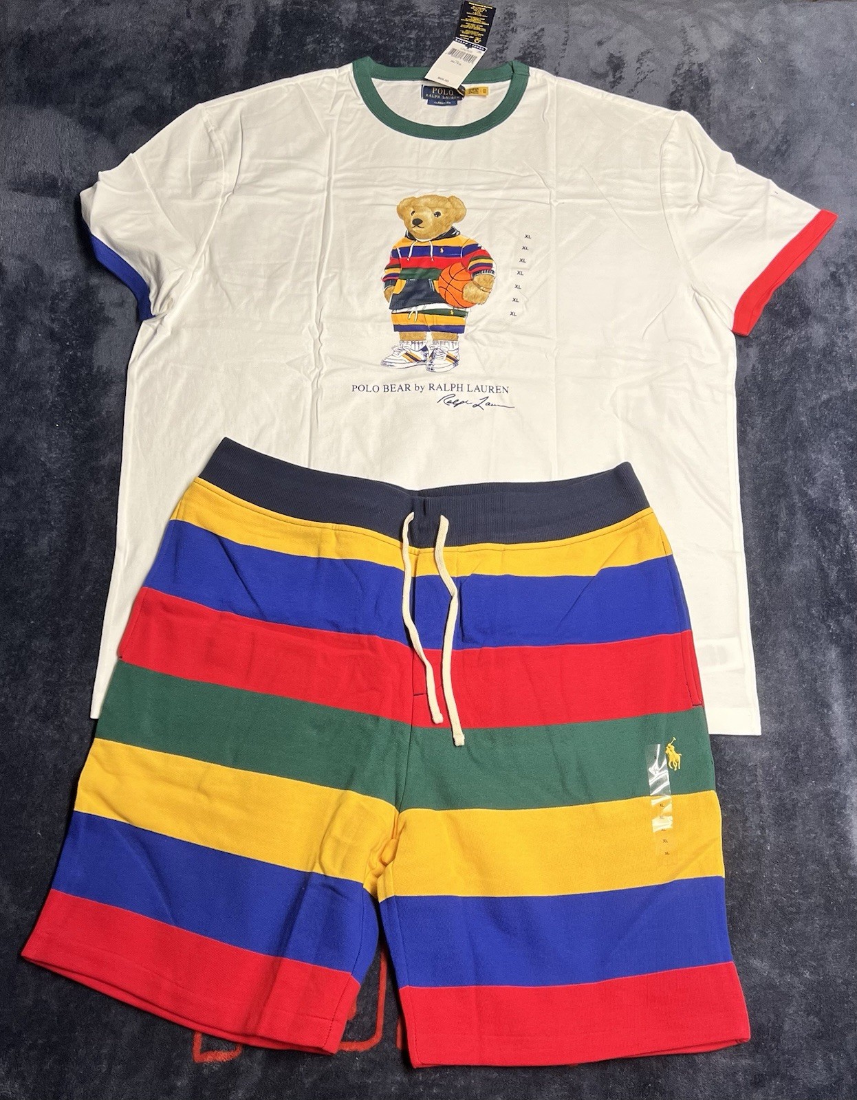Polo Ralph Lauren White Basketball Bear T-Shirt & Multicolored Striped Shorts XL