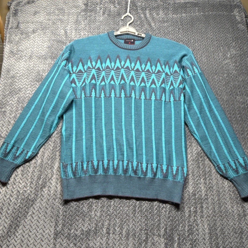 VTG Demetre 100% Wool Sweater Men Large Teal Blue Geometric Knit Made In USA - Image 2 of 4