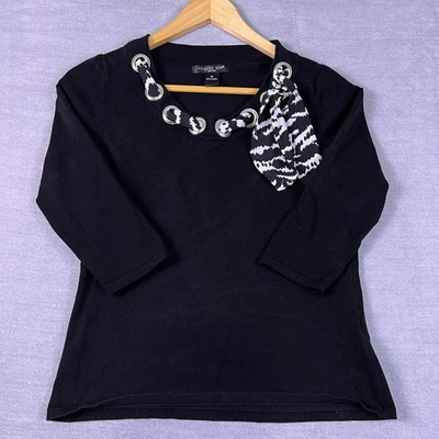 August Silk Petite Scarf Accent Grommet Neck Sweater Women PS Black Viscose Silk