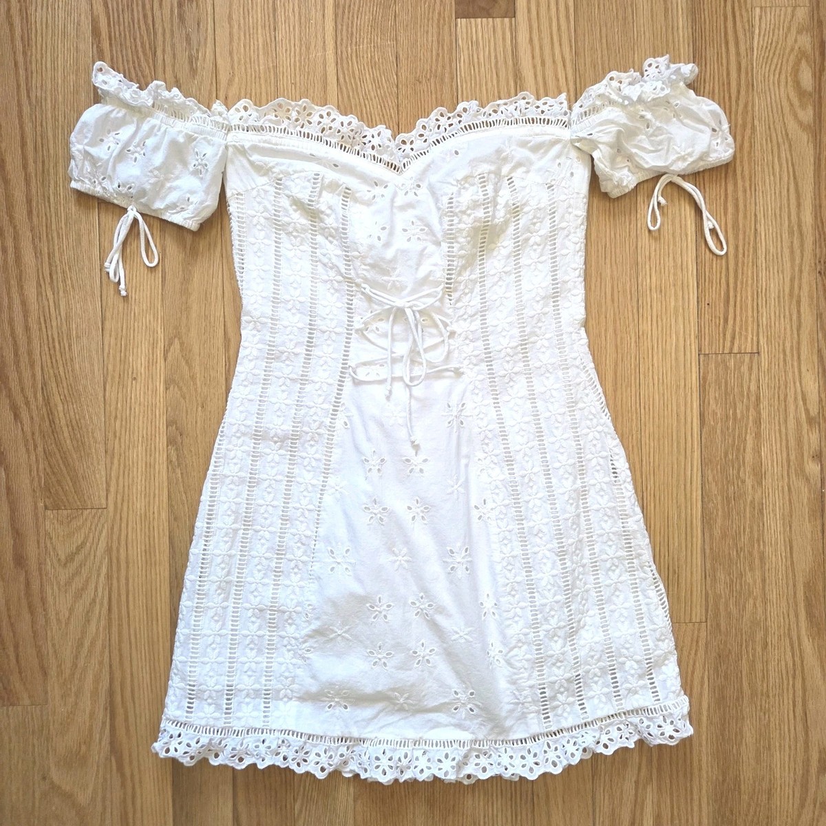 For Love & Lemons Anabelle Eyelet Lace Mini Dress White Puff Sleeve Size  Small