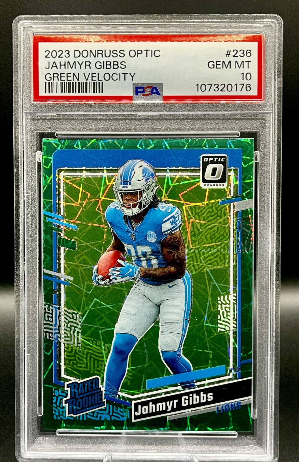 2023 Panini Donruss Optic - Rated Rookie Jahmyr Gibbs #236 Green Velocity PSA 10
