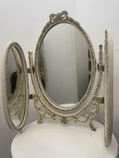 Vintage Cream Dressing Table Mirror Triple Folding Oval Triptych Retro Ornate