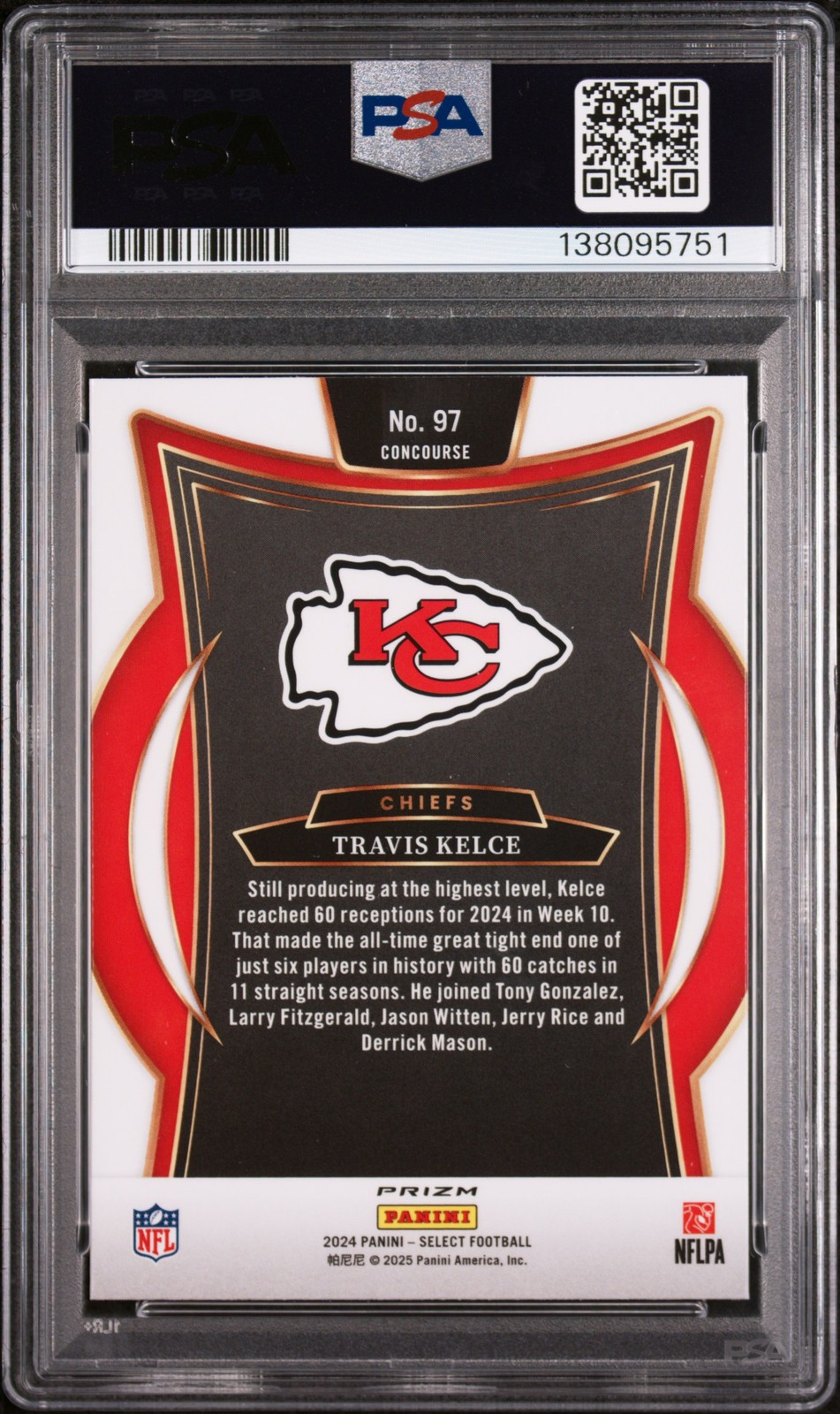 Travis Kelce 2024 Select #97 Red & Yellow Shock PSA 9 Kansas City Chiefs view 2