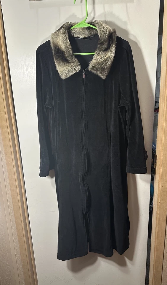 Dennis Basso 女式黑色羊毛长袍带棕褐色人造毛皮领全拉链 L 码 — 第 2/4 张图片