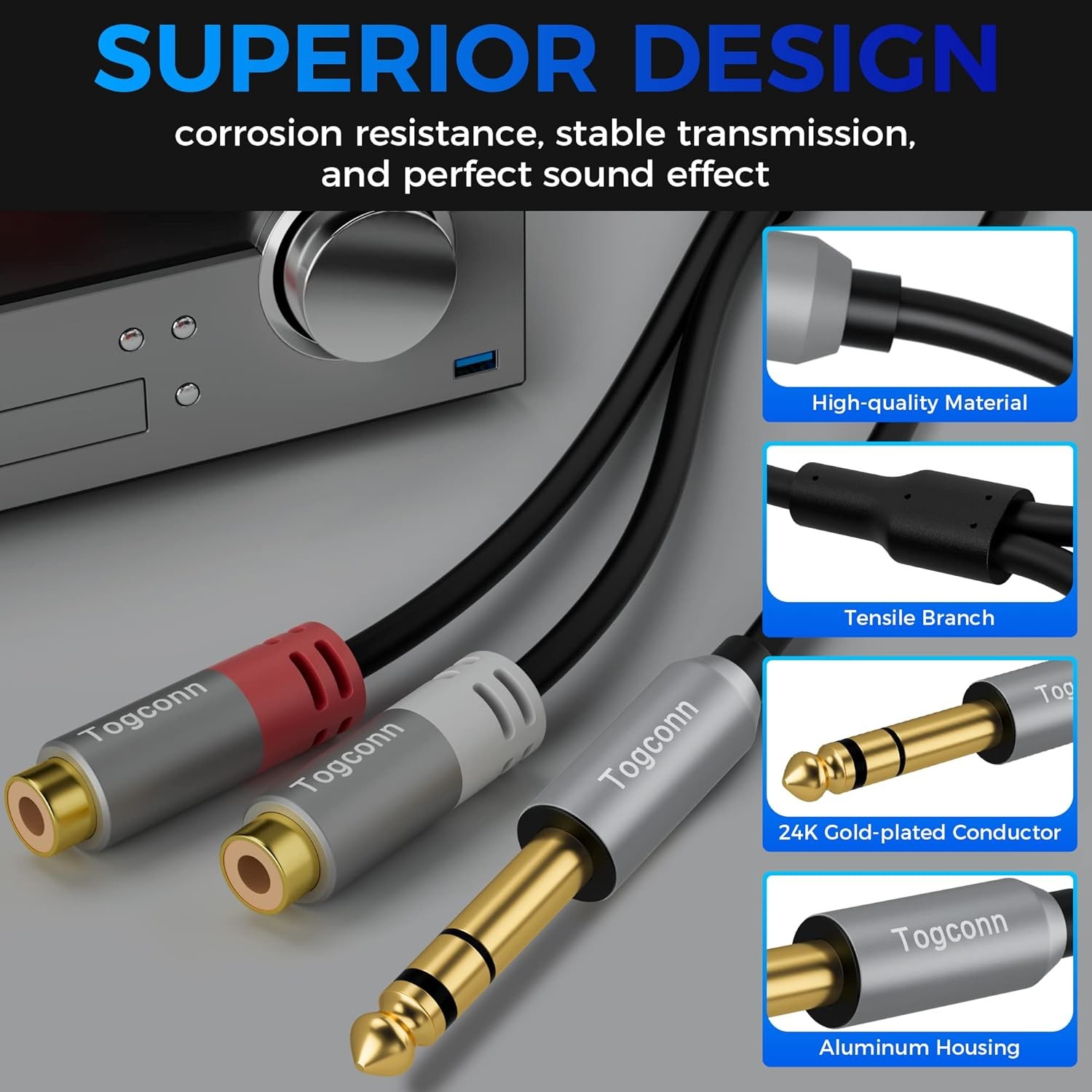 6.35mm to 2RCA Audio Adapter, 1/4 inch Male TRS Stereo Dual RCA 1 Pack 