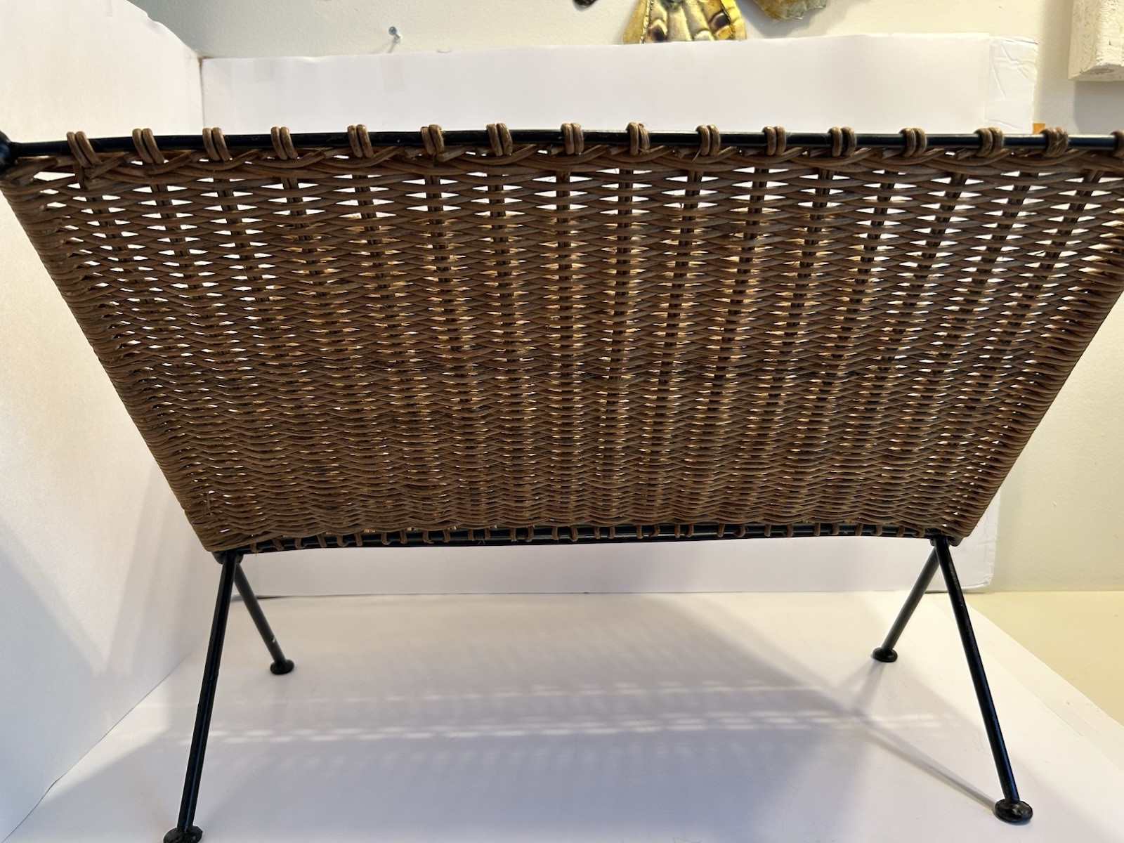 Vintage Mid Century Modern Magazine Holder Rattan Wicker Iron