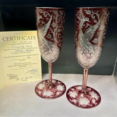 Egermann Czech Ruby Cut Crystal Champagne Flutes 1/10 Signed COA 2018