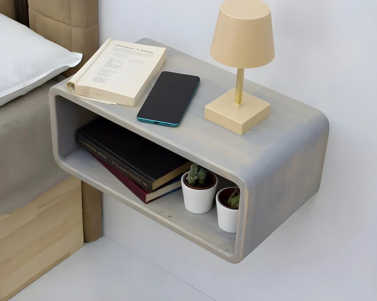 Unique Nightstand Floating Wood Wall Mount Shelf Rack For Home Bedside...