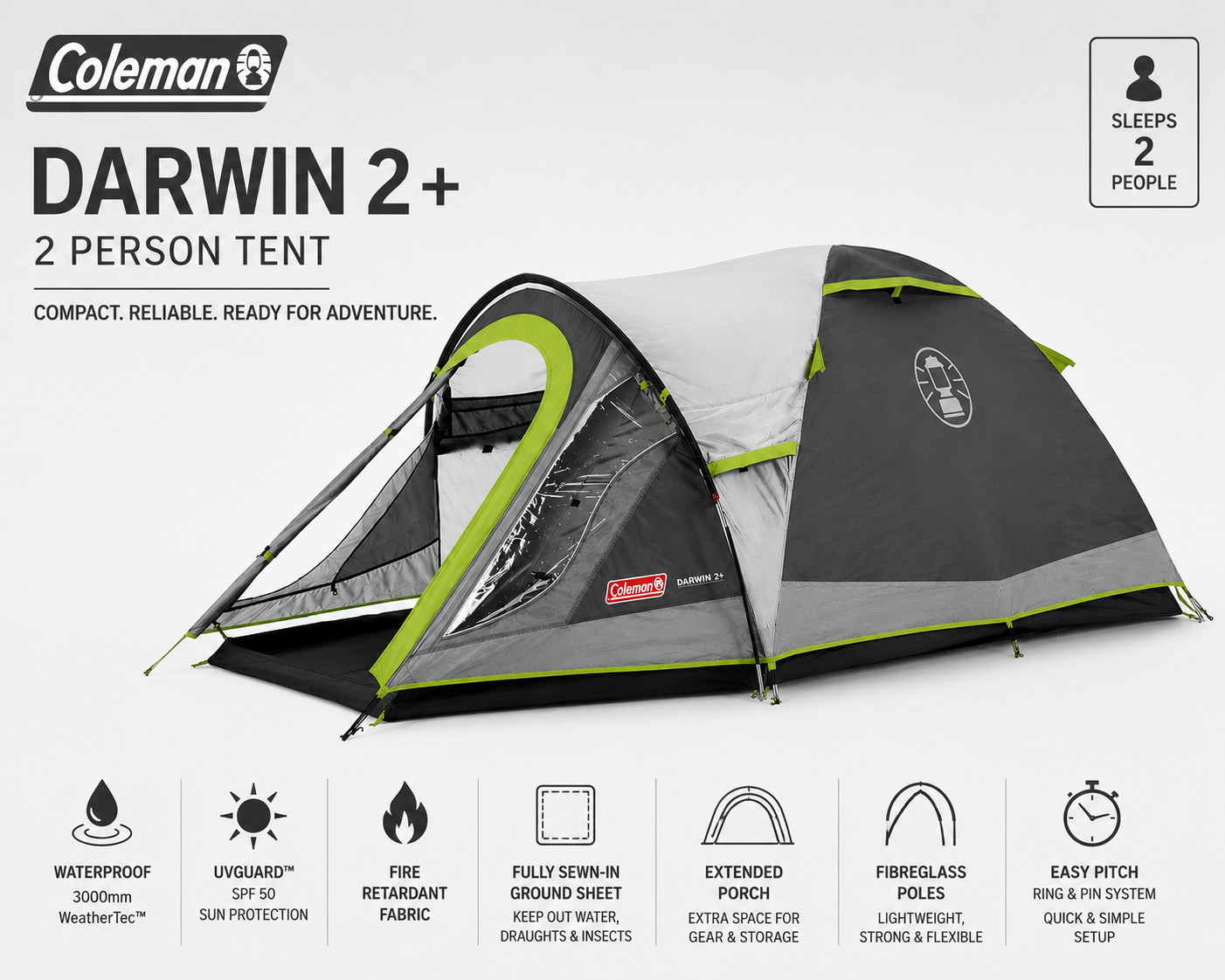 Coleman Darwin 2+ Tent 2 Person Waterproof Dome Camping Tent with Porch