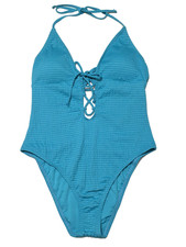 Lucky Brand Womens L Blue Removable Cups Textured Lace-Up One-Piece Swimsuit