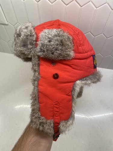 Vintage Mad Bomber Rabbit Fur Trapper Hat size L Classic Red Aviator Ear Flaps