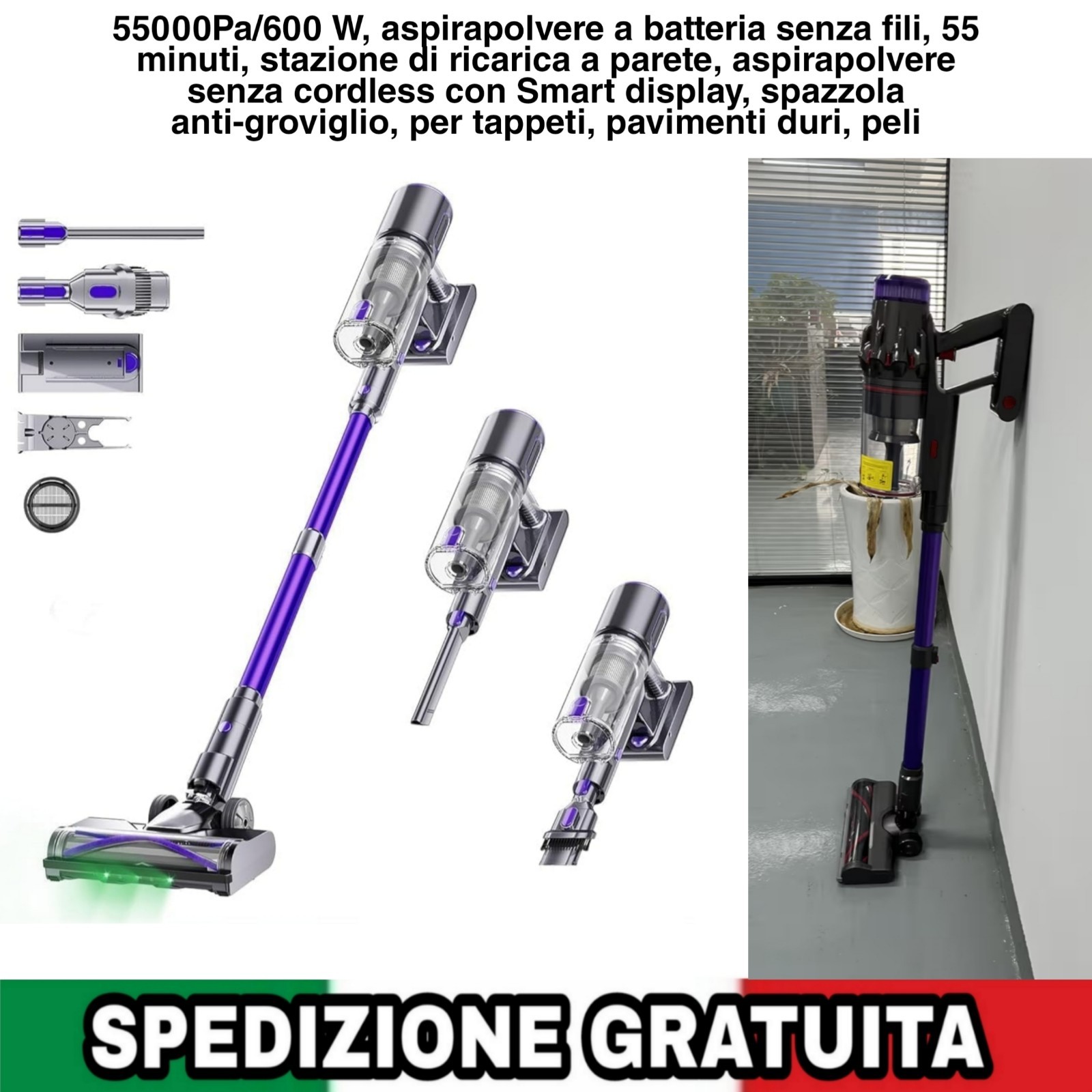 Aspirapolvere 55KPa 600W Senza Fili: Test Prestazioni Smart Display