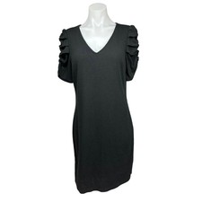 Nine West Black Puff Sleeve V-Neck Short Ruched Ribbed Mini Sheath Dress Size M