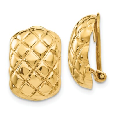 Real 14kt Yellow Gold Polished Quilted Non-pierced Omega Back Earrings