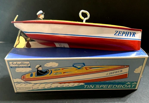 Vintage 1996 Schylling Tin SpeedBoat Zephyr Wind Up Toy LIMITED EDITION NEW