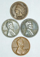 Indian Head Penny, Lincoln Wheat Cents, 1943 Steel Wheat Penny - 4 coin lot