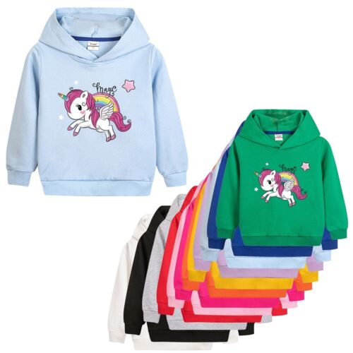 Kids Girls Sweatshirt Long Sleeve Pullover Soft Hoodies Cartoon Horse Print - Picture 1 of 32