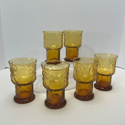 Vintage Libby Amber Glass Tumblers Set of 6 Amber Country Garden Glasses