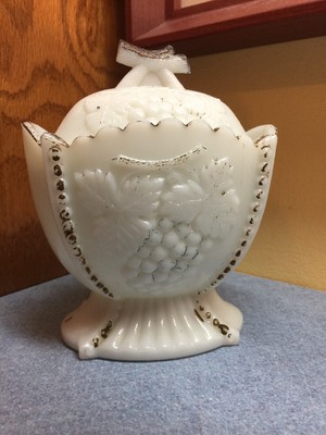 Antique Painted Westmoreland Milk Glass Grape And Cherry Covered Sugar Bowl